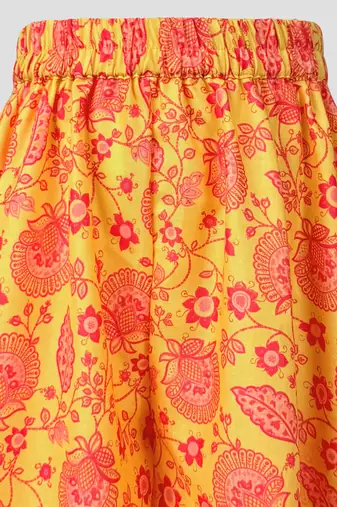 Girls yellow cotton digital floral print kurta with palazzo set | short sleeves | v-neck | festive casual