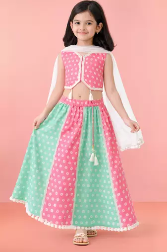 Girls pink cotton bandhani print lehenga set with dupatta | sleeveless | asymmetric hem | festive floor length