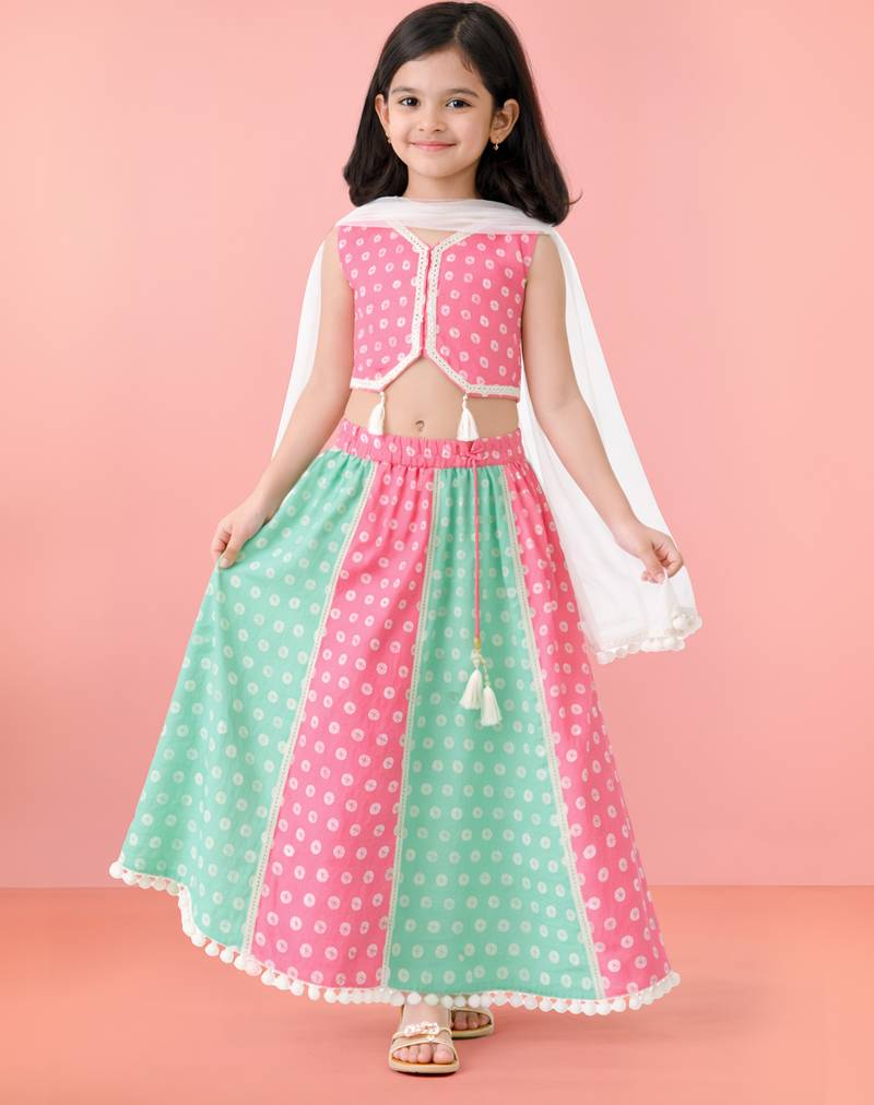 Girls pink cotton bandhani print lehenga set with dupatta | sleeveless | asymmetric hem | festive floor length
