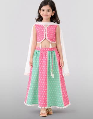 Girls pink cotton bandhani print lehenga set with dupatta | sleeveless | asymmetric hem | festive floor length 3