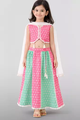 Girls pink cotton bandhani print lehenga set with dupatta | sleeveless | asymmetric hem | festive floor length