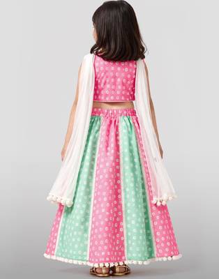 Girls pink cotton bandhani print lehenga set with dupatta | sleeveless | asymmetric hem | festive floor length 4