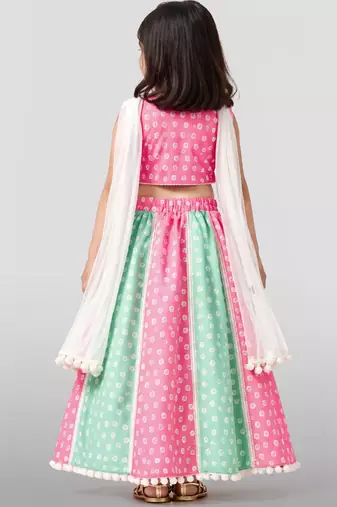Girls pink cotton bandhani print lehenga set with dupatta | sleeveless | asymmetric hem | festive floor length
