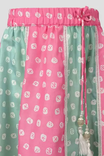 Girls pink cotton bandhani print lehenga set with dupatta | sleeveless | asymmetric hem | festive floor length