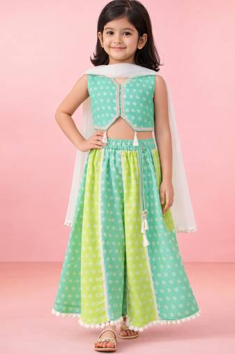 Girls sage green cotton bandhani print lehenga set with dupatta | three quarter sleeves | asymmetric hem