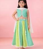 Girls sage green cotton bandhani print lehenga set with dupatta | three quarter sleeves | asymmetric hem