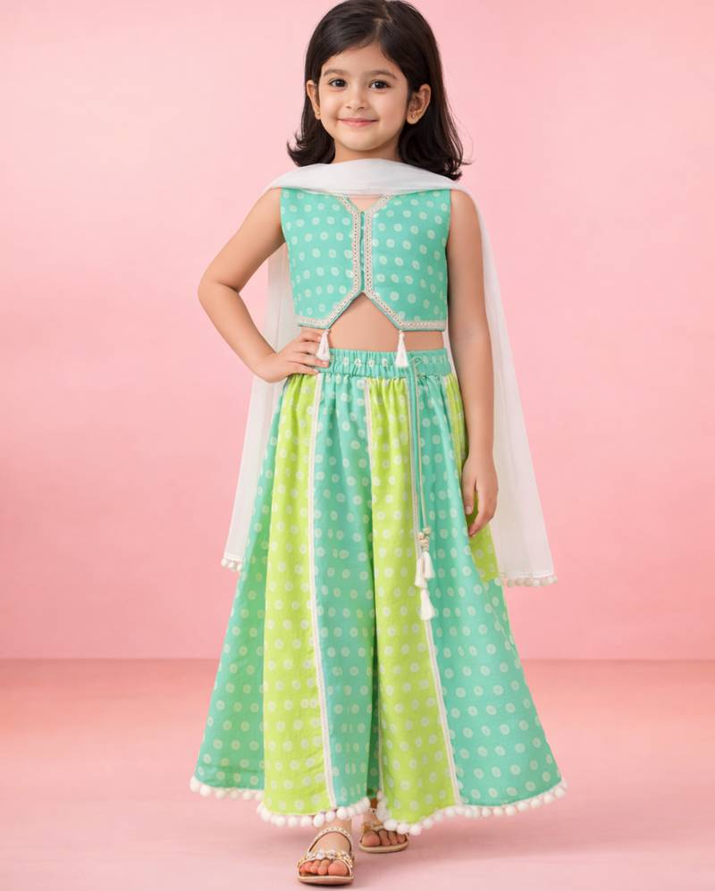 Girls sage green cotton bandhani print lehenga set with dupatta | three quarter sleeves | asymmetric hem