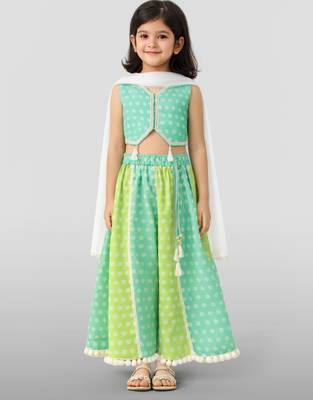 Girls sage green cotton bandhani print lehenga set with dupatta | three quarter sleeves | asymmetric hem 3