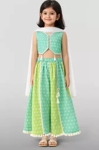 Girls sage green cotton bandhani print lehenga set with dupatta | three quarter sleeves | asymmetric hem