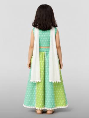 Girls sage green cotton bandhani print lehenga set with dupatta | three quarter sleeves | asymmetric hem 4
