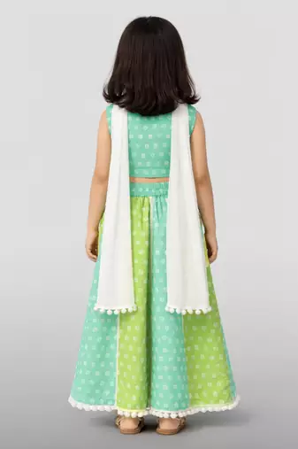 Girls sage green cotton bandhani print lehenga set with dupatta | three quarter sleeves | asymmetric hem