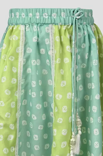 Girls sage green cotton bandhani print lehenga set with dupatta | three quarter sleeves | asymmetric hem