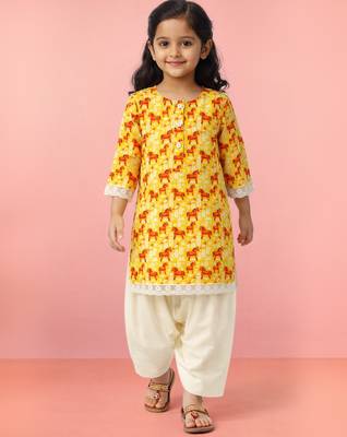 Girls yellow cotton animal print kurta with salwar set | three quarter sleeves | pakistani style | festive casual 1