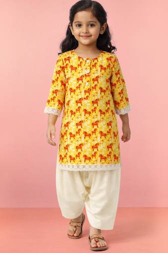 Girls yellow cotton animal print kurta with salwar set | three quarter sleeves | pakistani style | festive casual