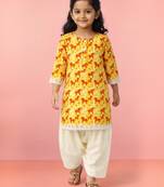 Girls yellow cotton animal print kurta with salwar set | three quarter sleeves | pakistani style | festive casual