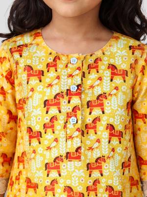 Girls yellow cotton animal print kurta with salwar set | three quarter sleeves | pakistani style | festive casual 2