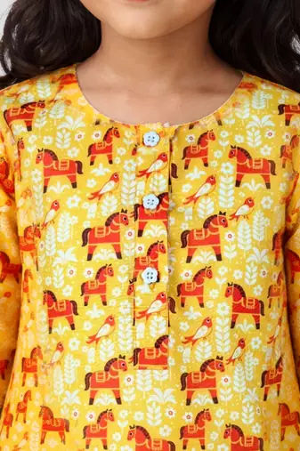 Girls yellow cotton animal print kurta with salwar set | three quarter sleeves | pakistani style | festive casual