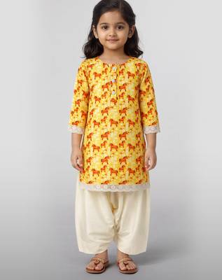 Girls yellow cotton animal print kurta with salwar set | three quarter sleeves | pakistani style | festive casual 3