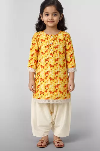Girls yellow cotton animal print kurta with salwar set | three quarter sleeves | pakistani style | festive casual