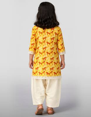 Girls yellow cotton animal print kurta with salwar set | three quarter sleeves | pakistani style | festive casual 4