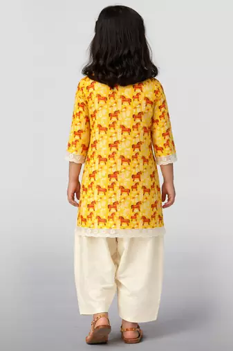 Girls yellow cotton animal print kurta with salwar set | three quarter sleeves | pakistani style | festive casual