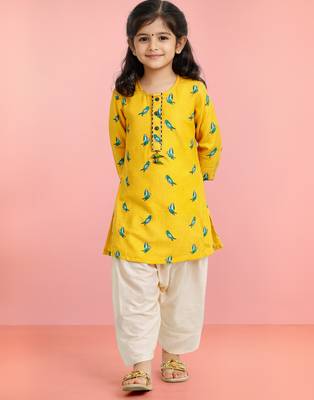 Girls yellow cotton animal print kurta with salwar set | three quarter sleeves | straight cut | festive ethnic wear 1