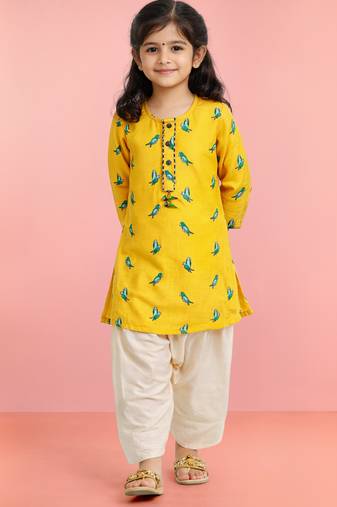 Girls yellow cotton animal print kurta with salwar set | three quarter sleeves | straight cut | festive ethnic wear