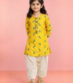 Girls yellow cotton animal print kurta with salwar set | three quarter sleeves | straight cut | festive ethnic wear