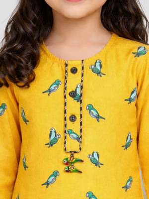 Girls yellow cotton animal print kurta with salwar set | three quarter sleeves | straight cut | festive ethnic wear 2