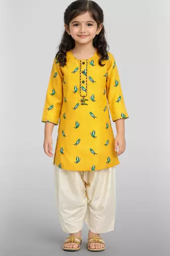 Girls yellow cotton animal print kurta with salwar set | three quarter sleeves | straight cut | festive ethnic wear
