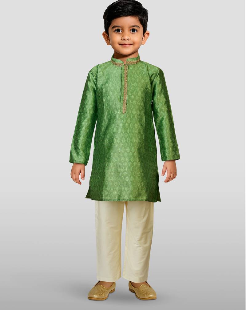 Silk blend kurta set with pyjama for boyss| green | diwali