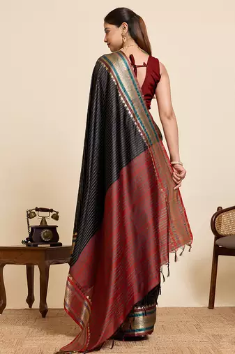 Black striped pure silk banarasi saree with blouse