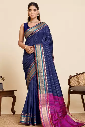 Navy blue striped pure silk banarasi saree with blouse