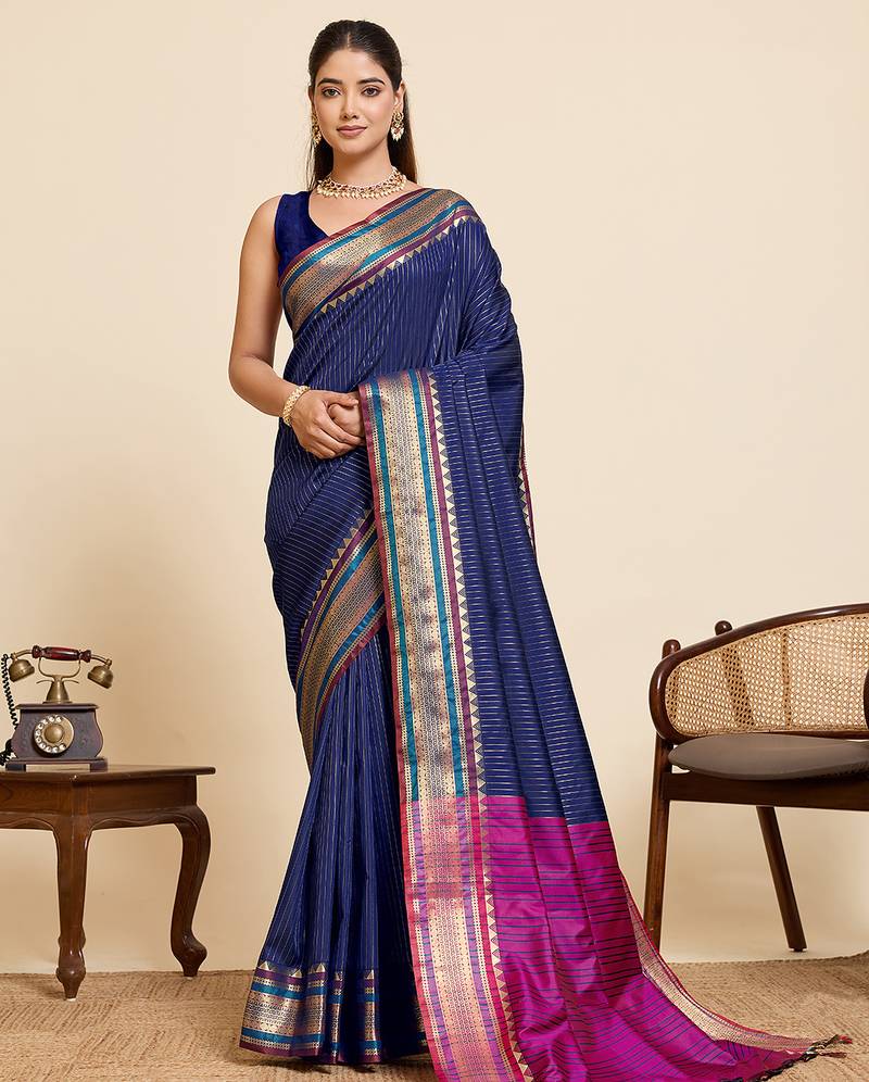 Navy blue striped pure silk banarasi saree with blouse