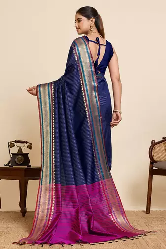 Navy blue striped pure silk banarasi saree with blouse