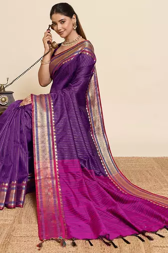 Purple striped pure silk banarasi saree with blouse