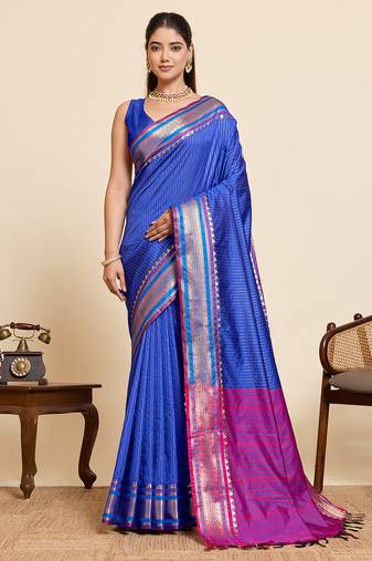 Royal blue striped pure silk banarasi saree with blouse