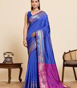Royal blue striped pure silk banarasi saree with blouse