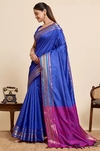 Royal blue striped pure silk banarasi saree with blouse
