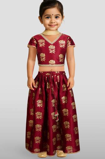 Dupion silk lehenga set for girls | maroon | diwali