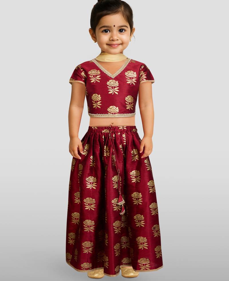 Dupion silk lehenga set for girls | maroon | diwali