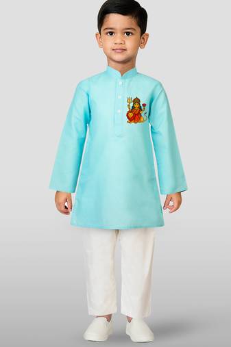 Cotton printed kurta set with pyjama for boys | aqua | navratri special