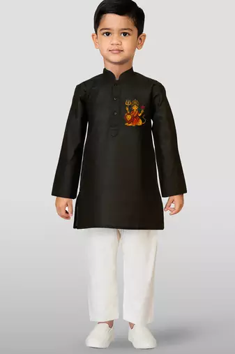 Cotton printed kurta set with pyjama for boys | black | navratri special