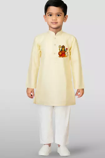 Cotton printed kurta set with pyjama for boys | cream | navratri special
