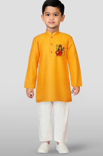 Cotton printed kurta set with pyjama for boys | orange | navratri special
