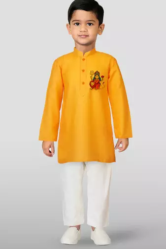 Cotton printed kurta set with pyjama for boys | orange | navratri special