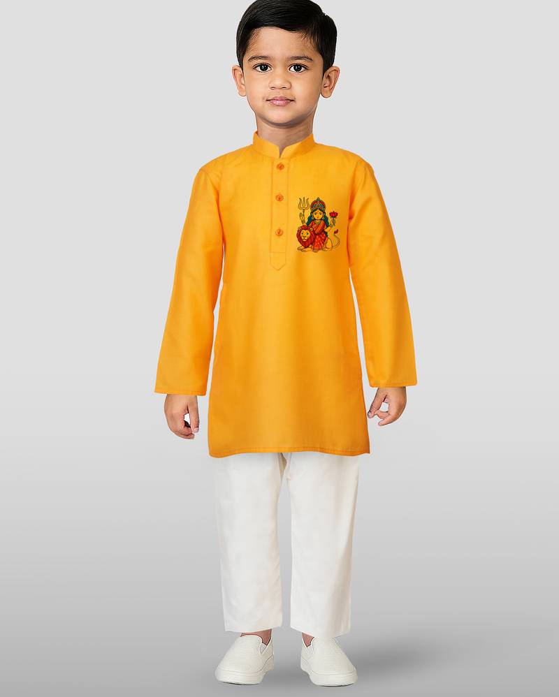 Cotton printed kurta set with pyjama for boys | orange | navratri special