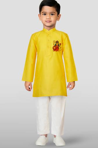 Cotton printed kurta set with pyjama for boys | yellow | navratri special