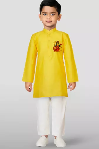 Cotton printed kurta set with pyjama for boys | yellow | navratri special