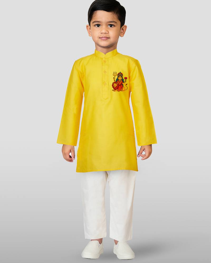 Cotton printed kurta set with pyjama for boys | yellow | navratri special